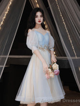 Blue A Line Tulle Lace Short Prom Dress Blue Homecoming Dress